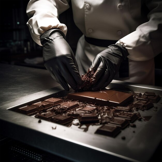 Foto um laboratório produz chocolate escuro comestível