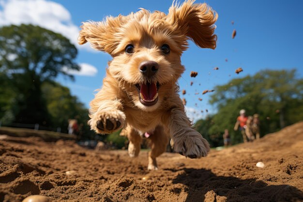 Um labradoodle dourado a saltar para agarrar um frisbee.