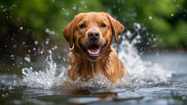 Um labrador a brincar numa lagoa brilhante, exalando pura felicidade num dia quente de verão.