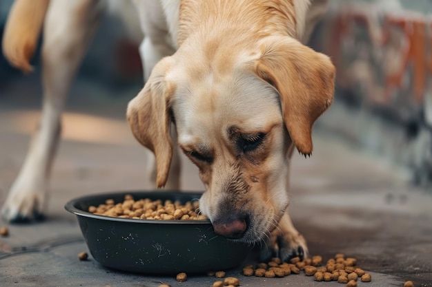 Um labrador bonito a comer comida seca de uma tigela.