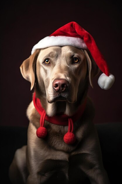 Um Labrador castanho alegre com um chapéu de Papai Noel contra um fundo preto