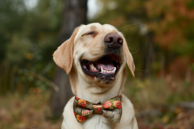 Um labrador com uma gravata tolo a sorrir.