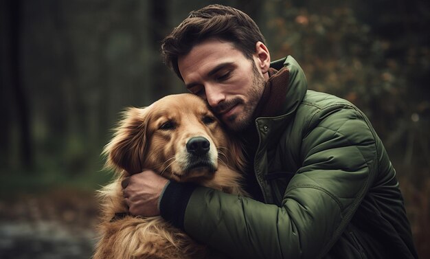 Um laço inquebrável um homem abraça amorosamente seu cão