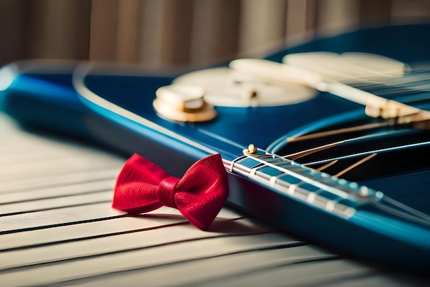 Um laço vermelho está amarrado a uma guitarra