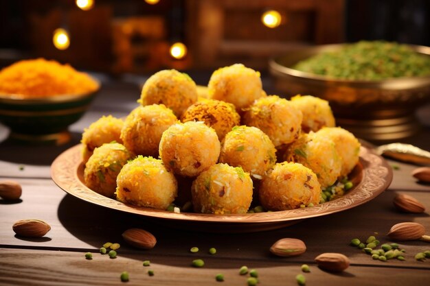 Um laddu feito de farinha de grama está em uma mesa feita de madeira