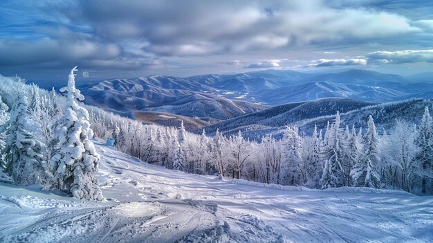 Foto um lado de montanha coberto de neve com uma montanha ao fundo