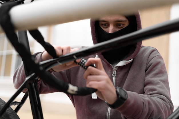 Um ladrão de balaclava e capuz quebra o cadeado de uma bicicleta na rua durante o dia. Cara fechada e hacking.