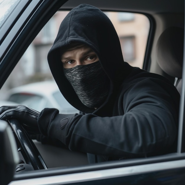 Um ladrão mascarado tenta roubar um carro A geração da inteligência artificial