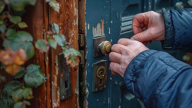 Foto um ladrão quebrando uma fechadura para invadir uma casa de campo conceito crime intrusão quebrando fechadura ladrão suspense
