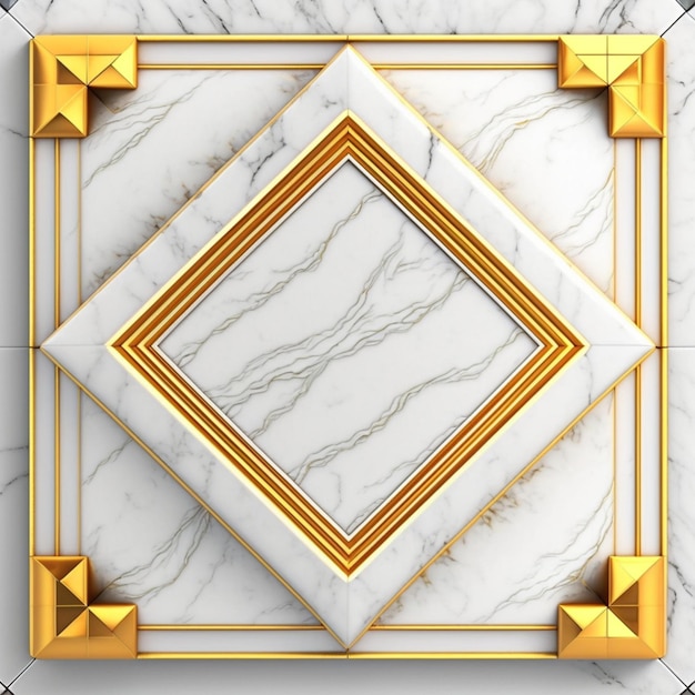 Um ladrilho de mármore branco com quadrados dourados e brancos e formas de diamante.