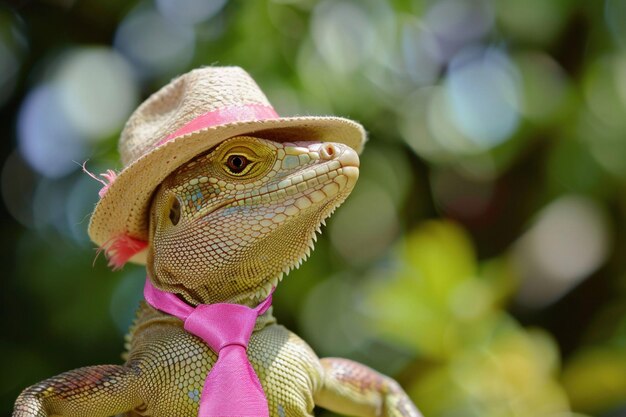 Um lagarto à moda veste um chapéu de verão e uma gravata rosa