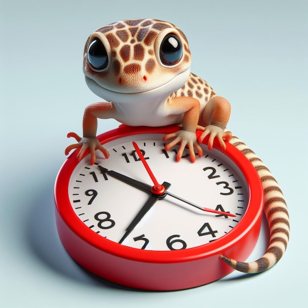 um lagarto bonito pendurado em um mostrador de minutos relógio vermelho renderização 3D
