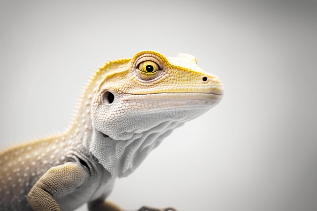 Um lagarto branco com um olho amarelo olha para a câmera.