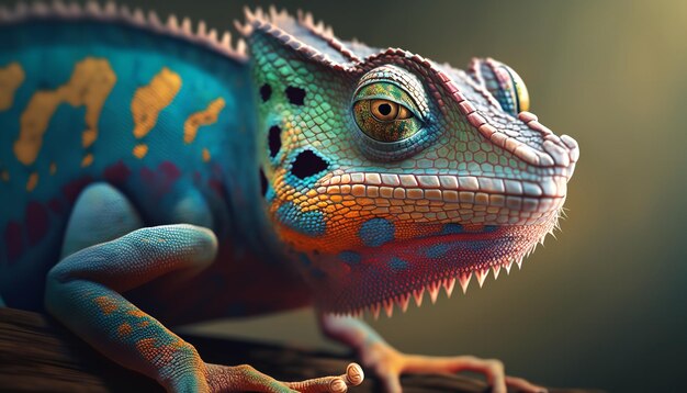 Um lagarto camaleão colorido é mostrado de perto Generative Ai
