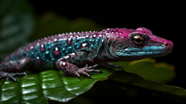 Um lagarto colorido com fundo preto e fundo preto.