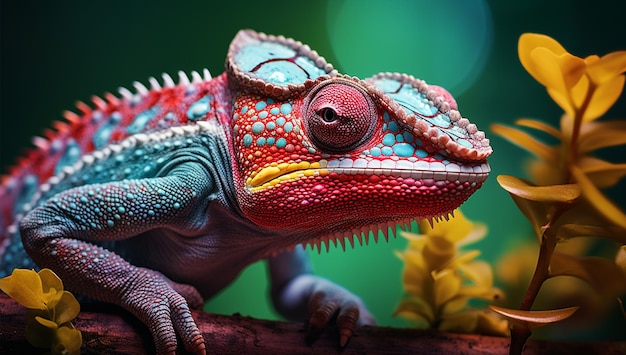 um lagarto colorido com um rosto vermelho e azul e um fundo verde