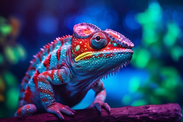 Um lagarto colorido com uma cabeça azul e verde senta-se em um galho.