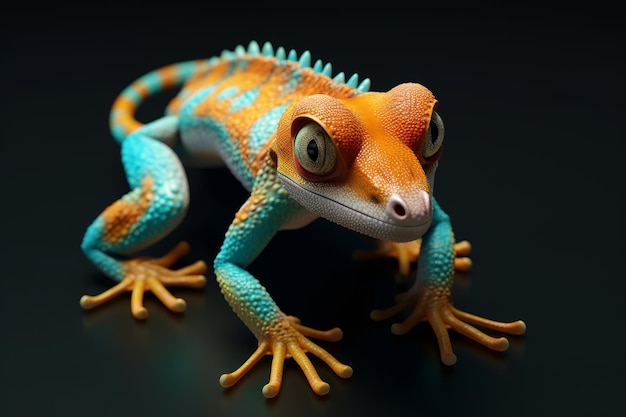 Um lagarto colorido com uma cabeça verde e uma cauda vermelha senta-se em um fundo preto.