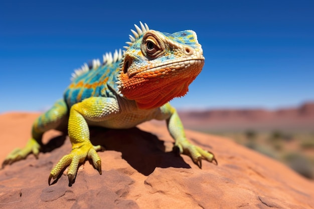 Um lagarto colorido tomando sol no topo de uma rocha do deserto