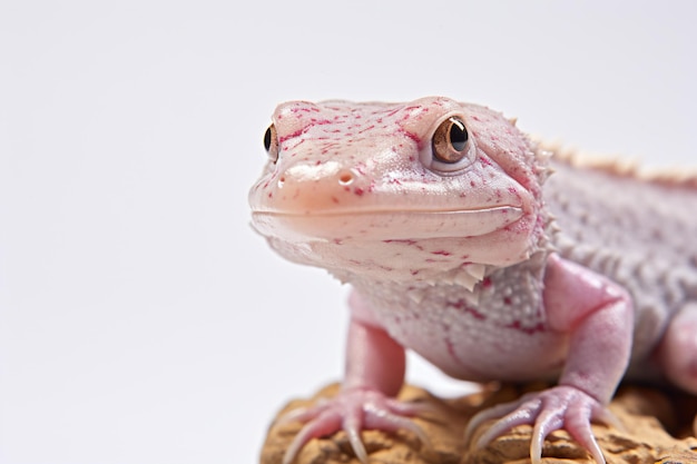 Foto um lagarto com corpo rosa e branco sentado em uma pedra