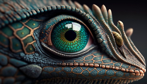 Um lagarto com olhos azuis e olhos verdes