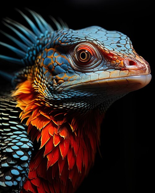 Foto um lagarto com um rosto azul e laranja e um rosto vermelho e amarelo