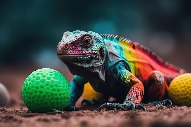 Um lagarto com uma bola verde na frente