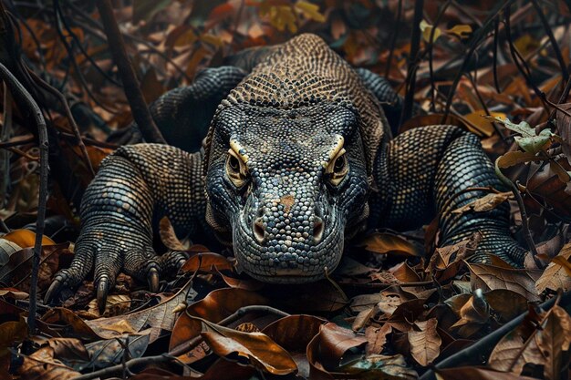 um lagarto deitado no chão com folhas e folhas