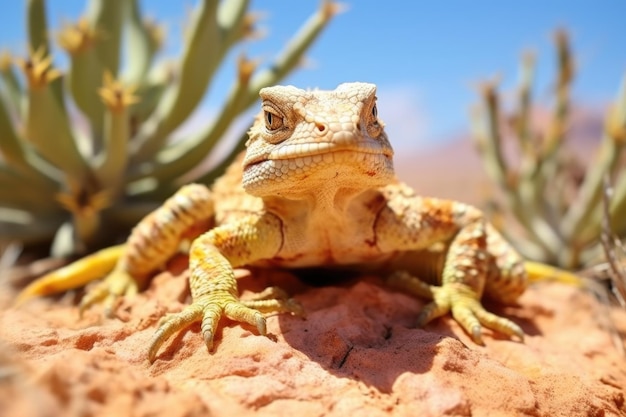 Um lagarto do deserto à sombra de um cacto