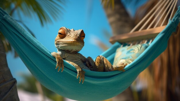 Um lagarto em uma pequena hamaca como se estivesse de férias