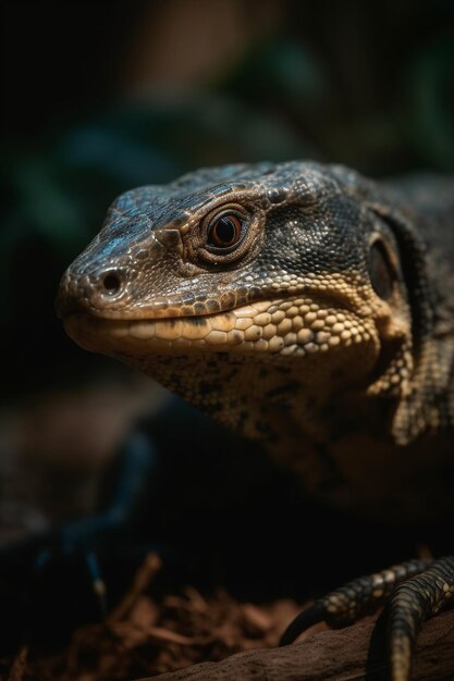 Um lagarto monitor com cabeça preta e olhos vermelhos