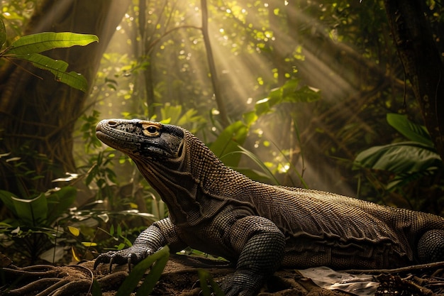 Foto um lagarto na selva com o sol a brilhar através das folhas