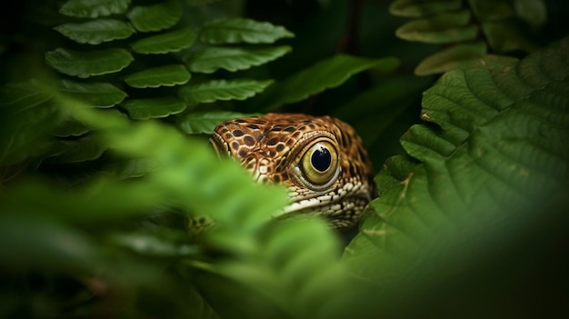 Um lagarto na selva está escondido nas folhas.