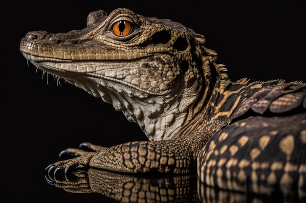 Um lagarto preto e branco com olhos laranja e um fundo preto