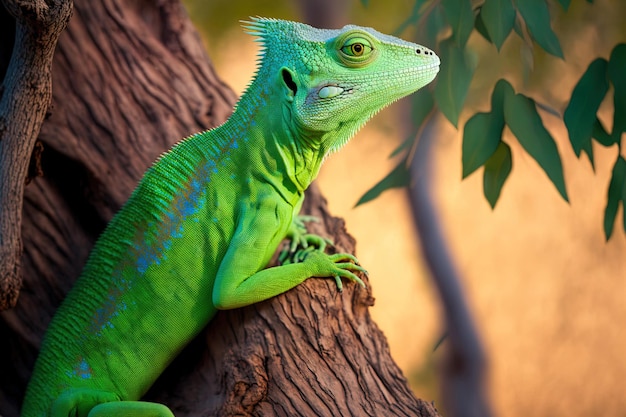 Um lagarto verde empoleirado verticalmente em um galho de uma árvore é visto