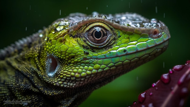 Um lagarto verde na chuva com a palavra lagarto no rosto
