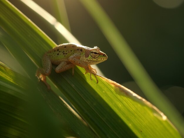 Um lagarto verde senta-se em uma folha ao sol