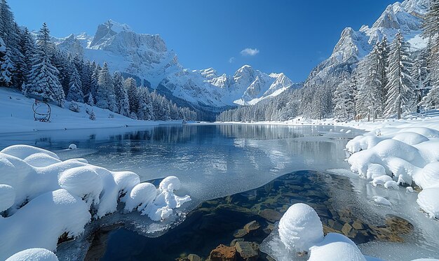 Um lago alpino coberto de neve, cercado por montanhas cobertas de neve
