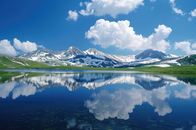 Um lago alpino prístino refletindo picos cobertos de neve