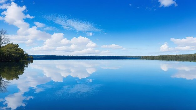 Um lago azul tranquilo refletindo o céu acima com algumas ondas na água