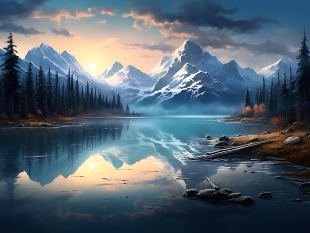 um lago calmo cercado por montanhas