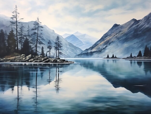 Foto um lago calmo cercado por montanhas