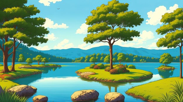 Um lago calmo no meio de uma densa floresta de tamanho médio Ilustração gerada por IA