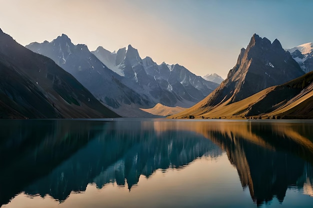 Um lago calmo refletindo as cristas montanhosas brilhantes que o cimentam Recurso Criativo AI Gerado