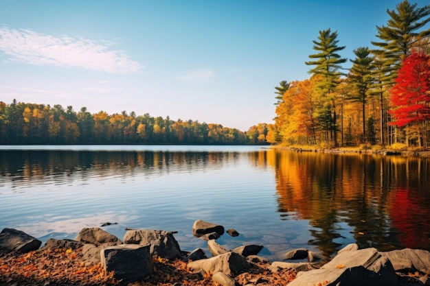 um lago calmo refletindo as impressionantes cores de outono adicionando um toque de beleza natural ao Dia de Ação de Graças