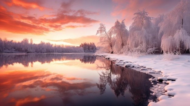 um lago cercado por árvores cobertas de neve com um pôr-do-sol no fundo