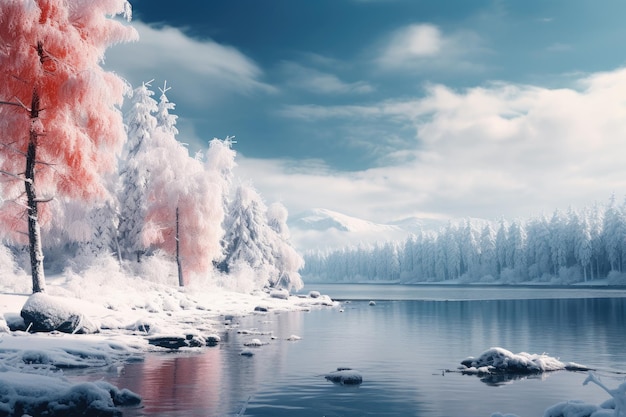 um lago cercado por árvores cobertas de neve
