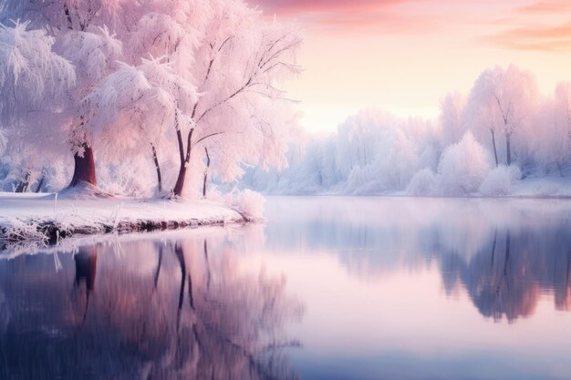 um lago cercado por árvores cobertas de neve