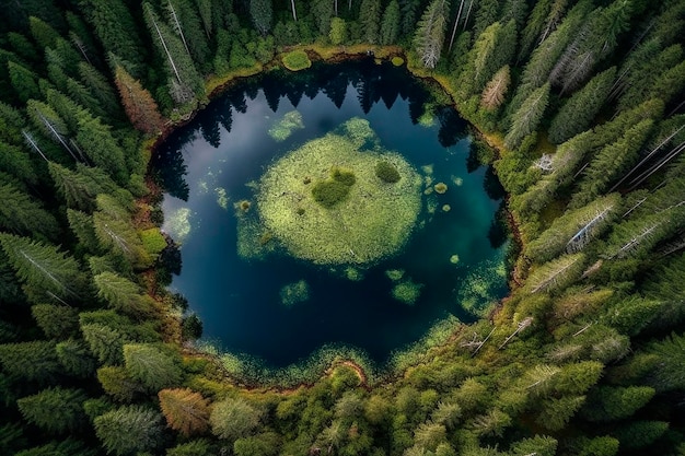 Um lago cercado por árvores com um pedaço de grama verde e um grande lago cercado por árvores.