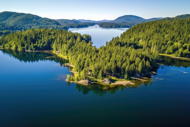 Um lago cercado por árvores e montanhas com um lago em primeiro plano.